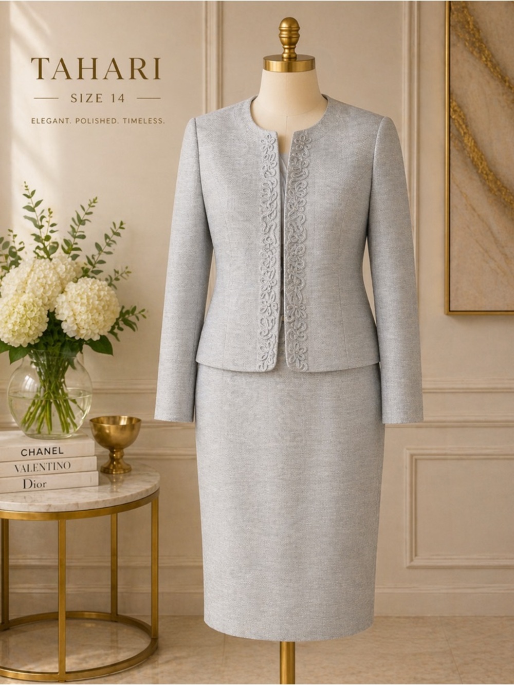Tahari Light Gray Embroidered Collarless Suit Jacket